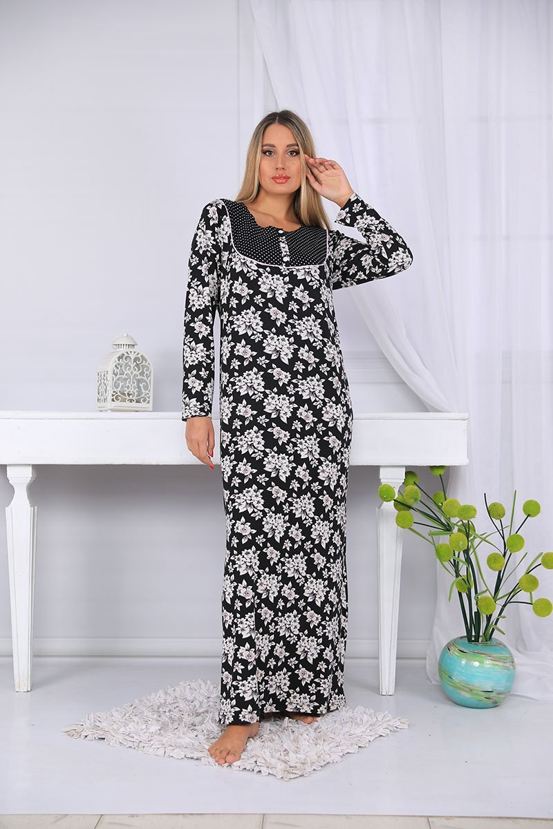 Long sleeve floral nightgown with lace on the chest