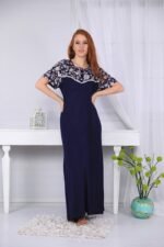 A long nightgown with a floral print on the chest with buttons