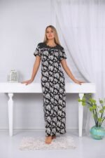 Long, half-sleeve floral nightgown with lace on the chest and buttons
