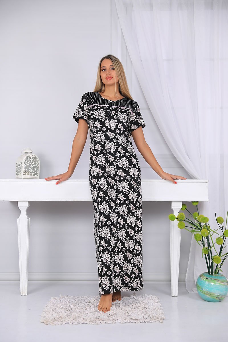 Long, half-sleeve floral nightgown with lace on the chest and buttons