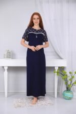 A long nightgown with a floral print on the chest with buttons