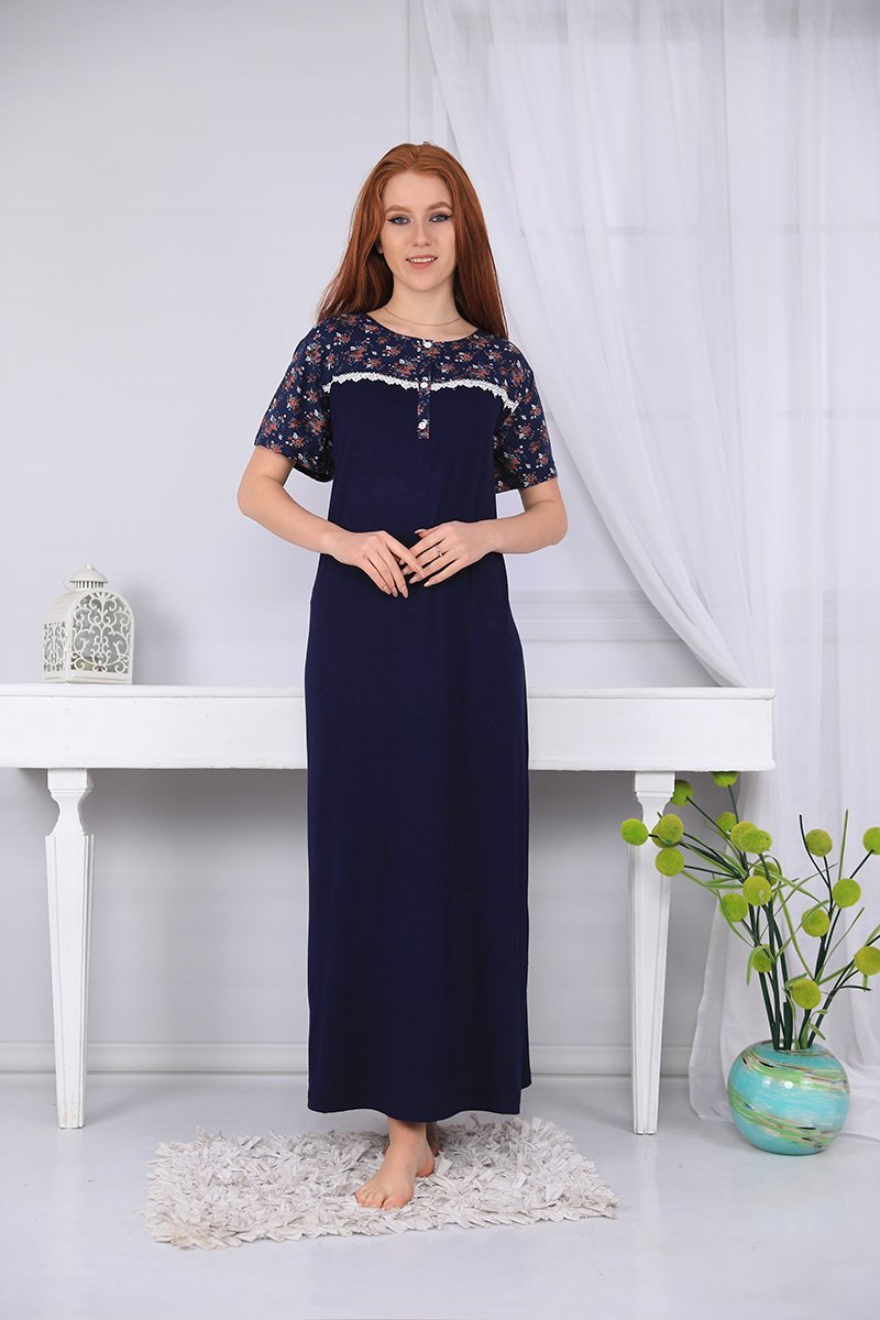 A long nightgown with a floral print on the chest with buttons