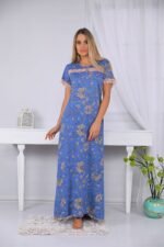 A long nightgown with a floral print on the chest with buttons